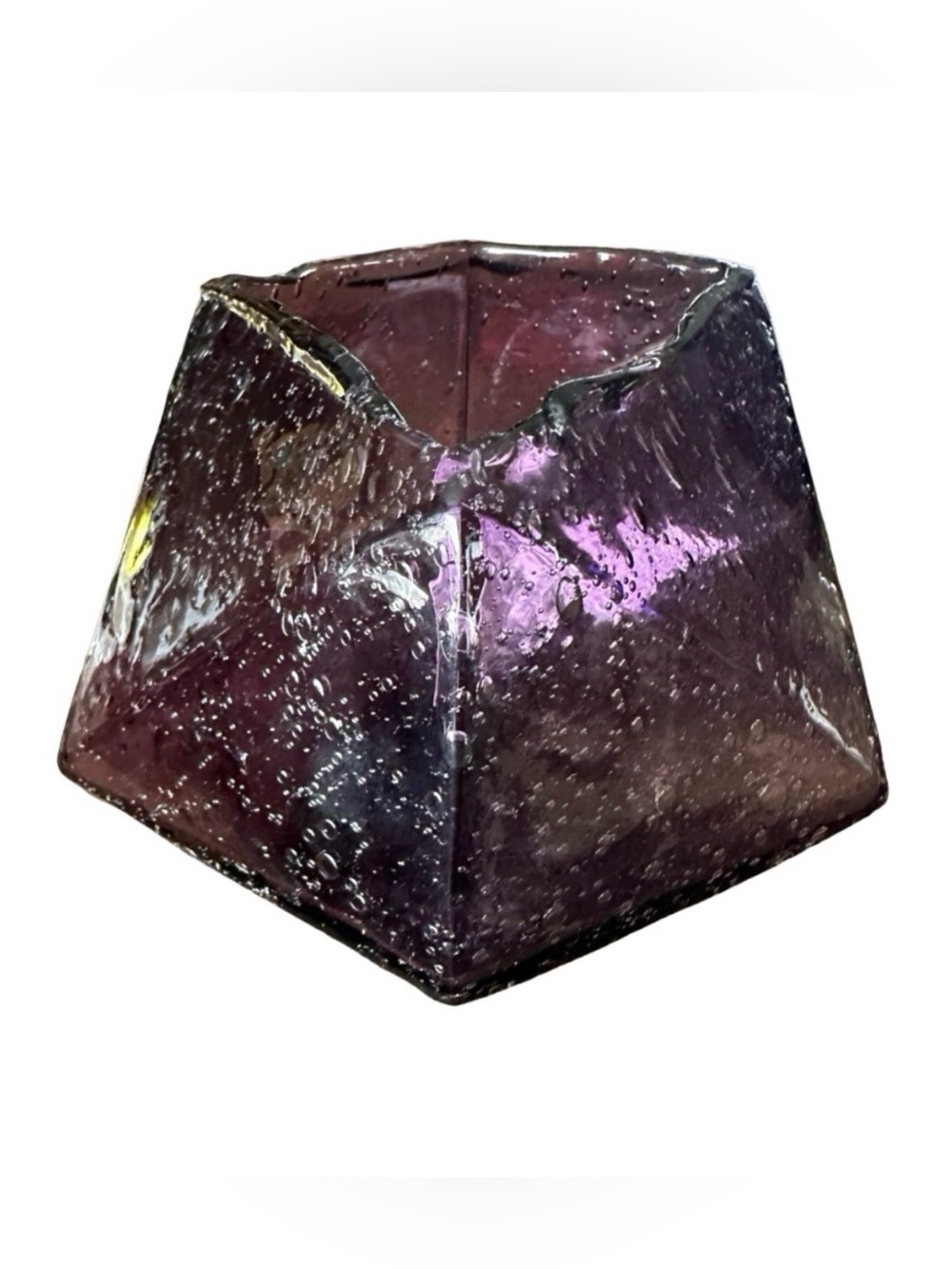 ANTHROPOLOGIE Geometric Amethyst Hand Blown Seeded Gem Glass Vase 6”x 8” Faceted